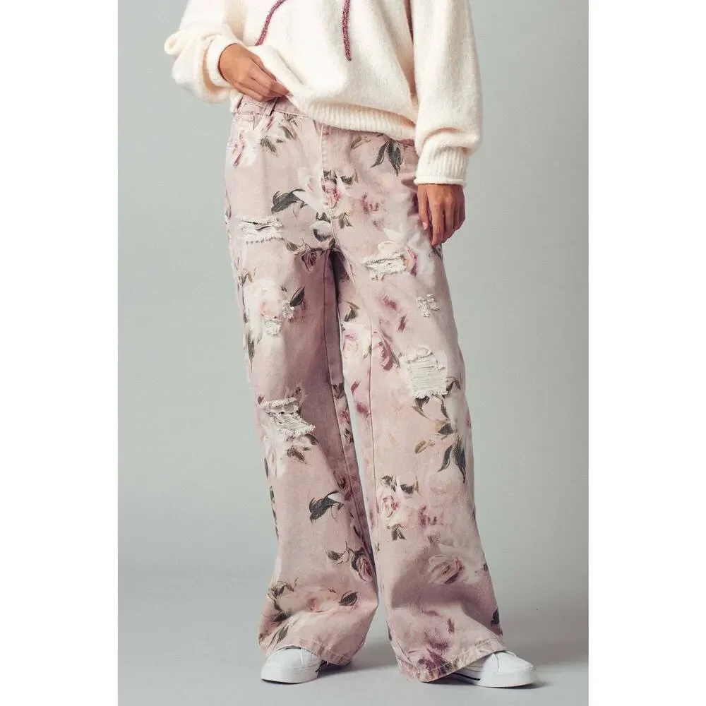 Urban Daizy Romantic Rose Print High-Rise Denim Pants - Picture 5 of 10